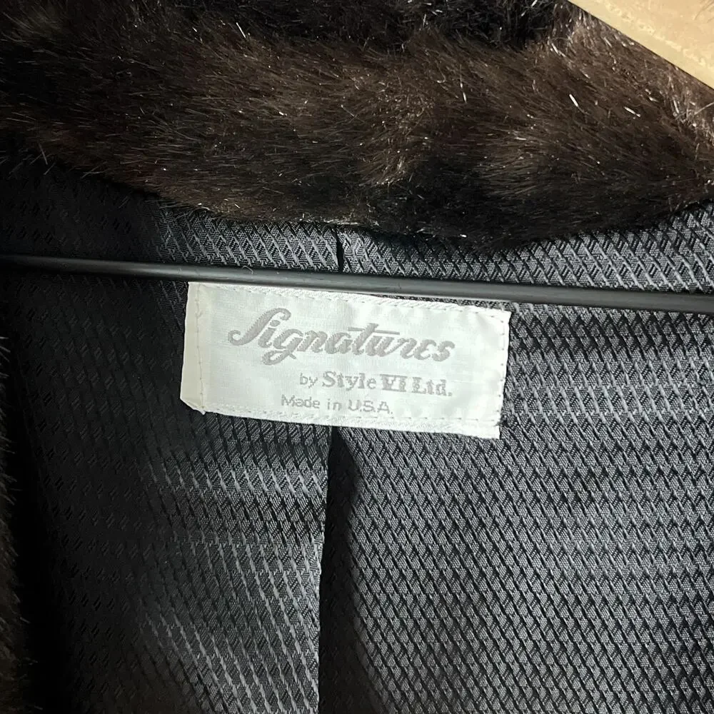 80s vintage black brown minimalist classic faux fur long winter coat - Picture 6 of 8
